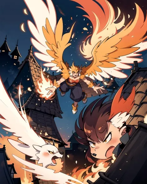 ((masterpiece), best quality, high quality, professional quality, highly detailed, highres, perfect lighting, natural lighting), phoenix, bursting into flames, taking flight from thatched roof