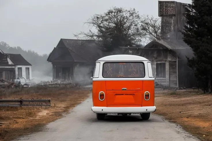 analog gloomy photo of an (orange) volkswagen kombi, <lora:vwk0mb1:1>, ((haunted house:1.2)), (walking dead:1.3), zombie apocalypse, (dark abandoned town at (midnight)), (full moon), (winter), (snow), ((horror movie)), ((nighttime)), lost in the wood, ruins, dilapidated buildings, High Detail, Sharp focus, (photorealism), realistic, best quality, 8k, award winning, dramatic lighting, epic, cinematic, masterpiece, rim light, ambient fog:1.5,