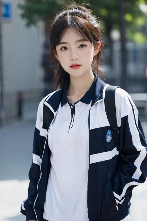 photorealistic,masterpiece,best quality,masterpiece,highres,original,extremely detailed wallpaper,perfect lighting,(extremelydetailed CG:1.2),large aperture,depth of field,
a girl,solo,wearing a blue and white jacket,<lora:xiaofu:0.65>,looking at another,school bag,on the street,sidewalk,