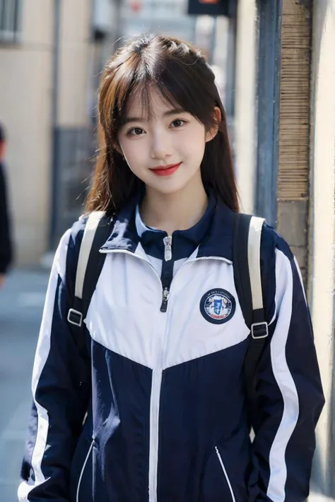 photorealistic,masterpiece,best quality,masterpiece,highres,original,extremely detailed wallpaper,perfect lighting,(extremelydetailed CG:1.2),
a girl,solo,wearing a blue and white jacket,<lora:xiaofu:0.65>,looking at another,school bag,on the street,sidewalk,pursed her lips into a smile,