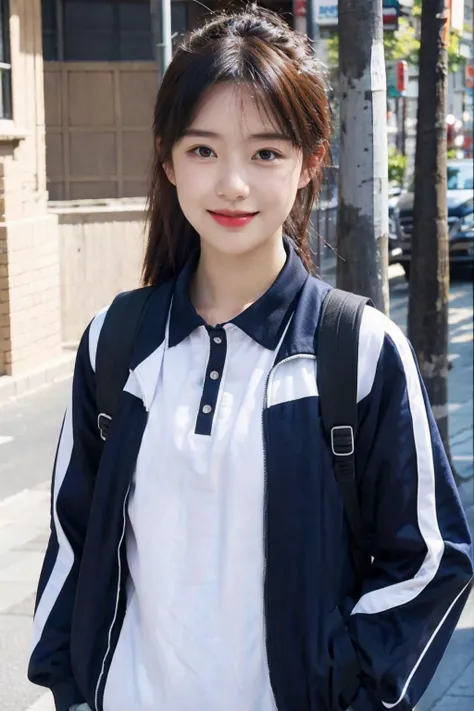 photorealistic,masterpiece,best quality,masterpiece,highres,original,extremely detailed wallpaper,perfect lighting,(extremelydetailed CG:1.2),
a girl,solo,wearing a blue and white jacket,<lora:xiaofu:0.65>,looking at another,school bag,on the street,sidewalk,pursed her lips into a smile,