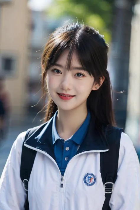 photorealistic,masterpiece,best quality,masterpiece,highres,original,extremely detailed wallpaper,perfect lighting,(extremelydetailed CG:1.2),large aperture,depth of field,
a girl,solo,wearing a blue and white jacket,<lora:xiaofu:0.65>,looking at another,school bag,on the street,sidewalk,pursed her lips into a smile,