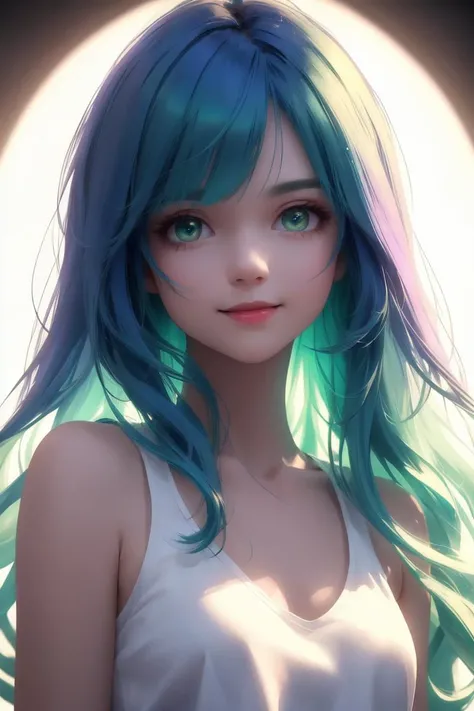 a beautiful blue haired girl, long messy hair, beautiful detailed deep green eyes, cute and beautiful face, shy smile, small breasts, white tank top, upper body view, colorful,
(masterpiece:1.2), (best quality:1.2), ultra-detailed, best shadow, detailed background, high contrast, (best illumination, an extremely delicate and beautiful), ((cinematic light)), hyper detail, dramatic light, intricate details, 8k, very aesthetic,