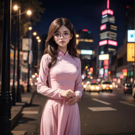 1girl, solo, aodai clotthing, night city, pink clothes, on the street, portrait, glasses
 <lora:aodai_SD_chiasedamme_v02:0.6>