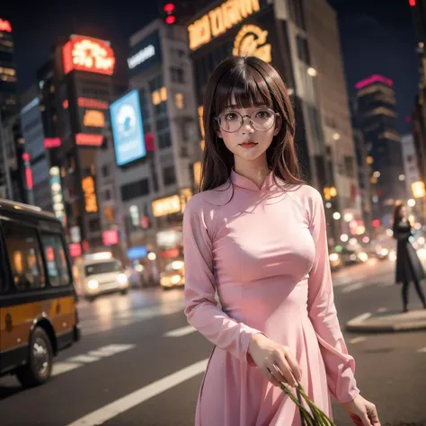 1girl, solo, aodai clotthing, night city, pink clothes, on the street, portrait, glasses
 <lora:aodai_SD_chiasedamme_v02:0.6> <lora:Face1-000006:0.3>