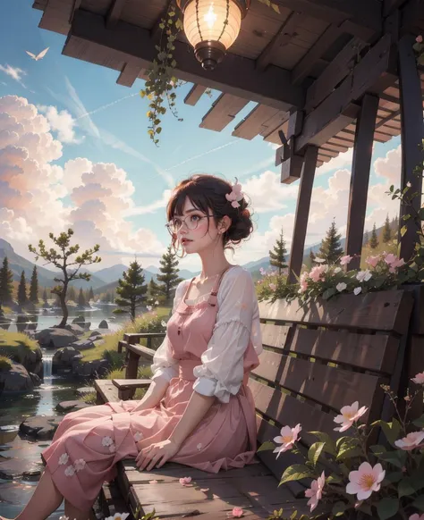 1gir, peach blossom, mysterious forest, cloud, sky, night, outdoor, waterfall, pink dress, glasses
<lora:DreamArt:1>