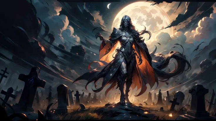 full-body shot, best quality, 4K, high resolution, masterpiece, Very detailed, Mood lighting, An undead girl in a long cape, Whole body including hands & arms & legs & feet are all skeleton bones but except the head is still beautiful human face, Wearing a ragged gothic skirt, Aloofness emotion, Dangerous sneer, Beautiful but sad smile, Black Hair, Standing, Facing the camera, Crucified, Pitch black sky, Blood-red moon, strange atmosphere, Gothic style, Unforgettable beauty, Dramatic shadows, Ethereal Light, Mysterious atmosphere.