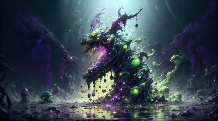 (masterpiece, best quality, fullscreen), [(full body:0.1)::0.3] (photo of a decaying [magical being:creature:0.6]:1.5), (Prehistoric Hominid body with Arachnid head and with many Unguligrade Appendages:1.2), (green and purple Diseased Skin texture:1.3), (Twisted Limbs, Dissolving Features, Vicious smile, Sickly Colors, Consumed Symbols, Slimy hairs, dark whispers, Diseased Skin, shadowy tendrils, Consumed Eyes:1.3), (Dark Purple Aura:1.5), (Disgusting appearance overall:1.3), (extensive purple gl0w1ngR runes on the body:1.5) <lora:EFFECT gl0w1ngR3Civit: 0.2>, (looking at the viewer:1.3), (dark [sick green, purple] Amphibian background:1.2), <lora:EFFECT WorldofLace:0.3[0.4[0.5> purple worldoflace), <lora:EFFECT ral-acidzlime-sd15:1> (smoke, bubbles, acidzlime:1.2), <lora:MONSTER Creature:0.1> creature, , <lora:LIGHT epi_noiseoffset2:0.3>, <lora:QUALITY kkw-better-v1.0a:0>, <lora:QUALITY add_detail:0.8>, (Full body Shot, Shallow Focus Shot, Low Angle Shot:[1.2:0.5:0.1]), heavily detailed, (asymmetric composition:1.5), (sharp focus), <lora:EFFECT Magic card fakemtg_label:0> fakemtg, extremely detailed, stunning, far cry1.8