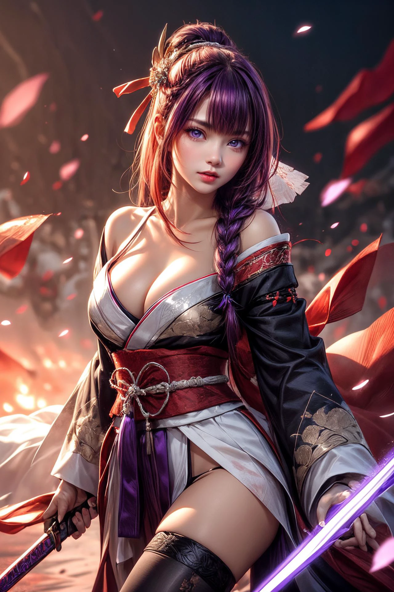 1girl, solo, long hair, breasts, looking at viewer, bangs, large breasts, hair ornament, thighhighs, long sleeves, ribbon, holding, cleavage, purple eyes, weapon, purple hair, braid, thighs, parted lips, japanese clothes, sword, wide sleeves, kimono, off shoulder, holding weapon, mole, arm up, sash, mole under eye, holding sword, obi, hand on own chest, bridal gauntlets, braided ponytail, electricity, purple kimono, tomoe \(symbol\), mitsudomoe \(shape\), drawing sword, human scabbard, musou isshin \(genshin impact\),, photodromm, erotic, large breasts, hyperrealistic art, extremely high-resolution details, photographic, realism pushed to extreme, fine texture, incredibly lifelike, <lora:more_details:0.8>