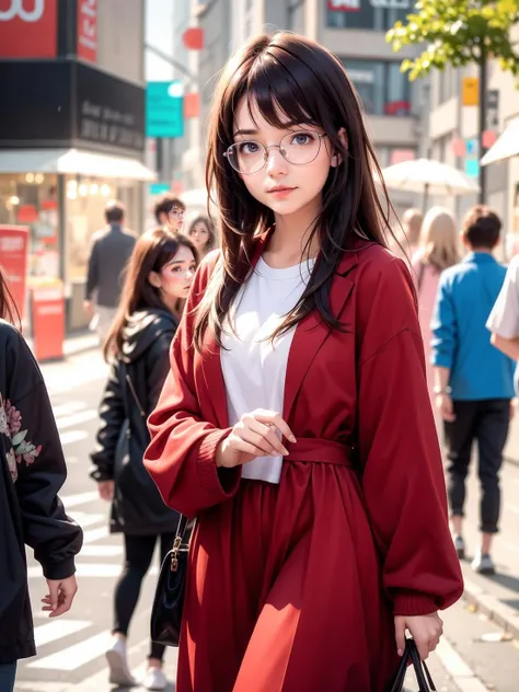, 1girl, long hair, glasses, potrait, face focus, looking at viewer, walking on the street