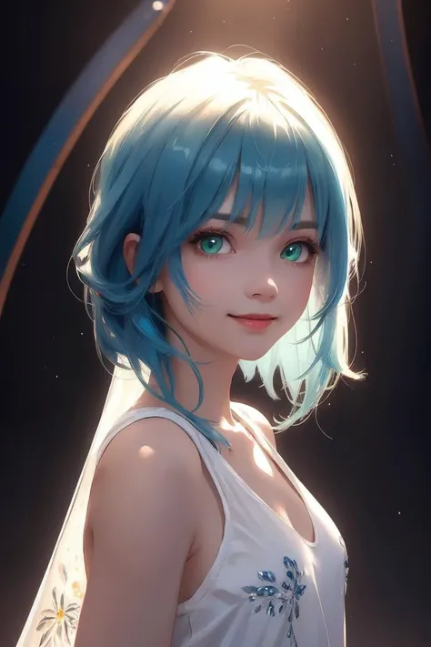 a beautiful blue haired girl, long messy hair, beautiful detailed deep green eyes, cute and beautiful face, shy smile, small breasts, white tank top, upper body view, colorful,
(masterpiece:1.2), (best quality:1.2), ultra-detailed, best shadow, detailed background, high contrast, (best illumination, an extremely delicate and beautiful), ((cinematic light)), hyper detail, dramatic light, intricate details, 8k, very aesthetic,