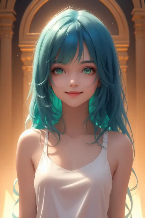 a beautiful blue haired girl, long messy hair, beautiful detailed deep green eyes, cute and beautiful face, shy smile, small breasts, white tank top, upper body view, colorful,
(masterpiece:1.2), (best quality:1.2), ultra-detailed, best shadow, detailed background, high contrast, (best illumination, an extremely delicate and beautiful), ((cinematic light)), hyper detail, dramatic light, intricate details, 8k, very aesthetic,