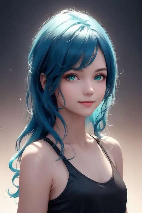 a beautiful blue haired girl, long messy hair, beautiful detailed deep green eyes, cute and beautiful face, shy smile, small breasts, white tank top, upper body view, ultra realistic, colorful,
(masterpiece:1.2), (best quality:1.2), ultra-detailed, best shadow, detailed background, high contrast, (best illumination, an extremely delicate and beautiful), ((cinematic light)), hyper detail, dramatic light, intricate details, 8k, very aesthetic,