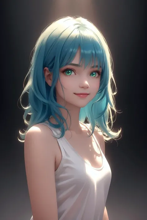 a beautiful blue haired girl, long messy hair, beautiful detailed deep green eyes, cute and beautiful face, shy smile, small breasts, white tank top, upper body view, colorful,
(masterpiece:1.2), (best quality:1.2), ultra-detailed, best shadow, detailed background, high contrast, (best illumination, an extremely delicate and beautiful), ((cinematic light)), hyper detail, dramatic light, intricate details, 8k, very aesthetic,
