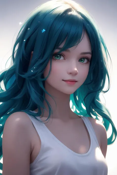 a beautiful blue haired girl, long messy hair, beautiful detailed deep green eyes, cute and beautiful face, shy smile, small breasts, white tank top, upper body view, ultra realistic, colorful,
(masterpiece:1.2), (best quality:1.2), ultra-detailed, best shadow, detailed background, high contrast, (best illumination, an extremely delicate and beautiful), ((cinematic light)), hyper detail, dramatic light, intricate details, 8k, very aesthetic,