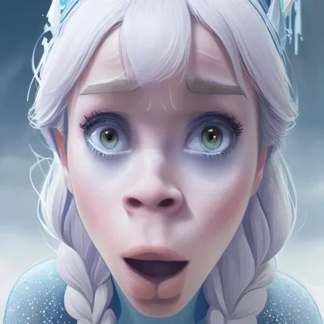 <lora:mahonest-01:1.2>, myhonest reaction, snow_queen_elsa, disney princess elsa with her hands on her head, looking straight at the camera, close-up shot
