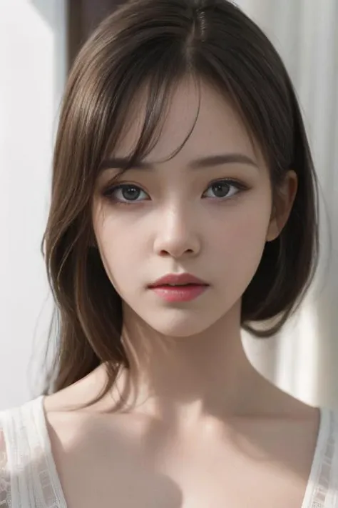best quality,highest quality,masterpiece,extremely detailed,high res,4k,ultra high res,detailed shadow,ultra realistic,realistic,dramatic lighting,1girl,solo,detailed face,realistic eyes,realistic skin,white dress, Focus on the face,Warm colored light hits the face,