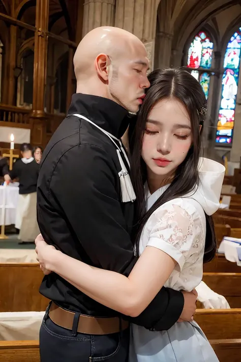 best quality, (church indoors:1.4), couple, BREAK,
ð«, sex, long hair girl, BREAK,
( an bald boy is hug with pretty face girl:1.4), closed eyes,