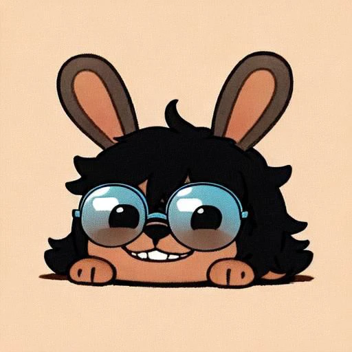 lemmy, bunny, tiny, black eyes, big smile, blue glasses, black nose, really happy, ball body, tiny body, full doby, close up, male, orange shirt, furry, brown fur,