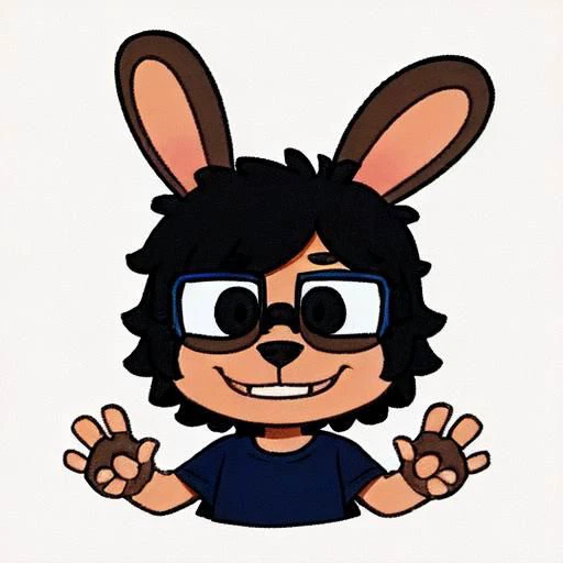 lemmy, bunny, tiny, black eyes, big smile, blue glasses, black nose, really happy, tiny, close up, male, orange shirt, furry, brown fur,