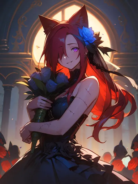 masterpiece,best quality,highres,cinematic lighting,dramatic angle,1girl,<lora:ShadowverseCeresV1-000014:0.8> ,red hair,long hair,animal ears,hair ornament,hair flower,black dress, hair over one eye,bare shoulders,(stitches:1.3),stitched,blue roses,garden,looking at viewer,smile,cowboy shot,purple eyes,scar,glowing eyes,extremely detailed background,wedding dress,holding bunch of roses,church,skeletons,crowd,portrait,close-up,depth of field-