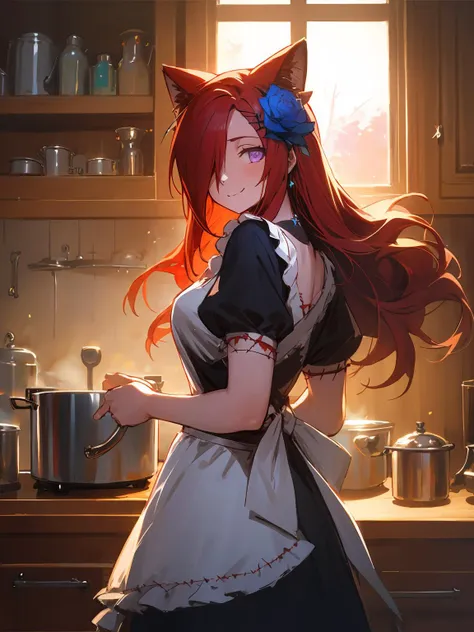 masterpiece,best quality,highres,cinematic lighting,dramatic angle,1girl,<lora:ShadowverseCeresV1-000014:0.8> ,red hair,long hair,animal ears,hair ornament,hair flower,black dress, hair over one eye,blue rose,(stitches:1.3),stitched,looking at viewer,smile,cowboy shot,purple eyes,scar,glowing eyes,extremely detailed background,indoors,cooking,apron,kitchen,turning head,looking back at viewer,depth of field,glowing,blush