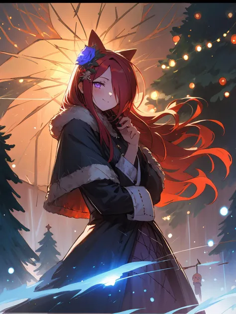 masterpiece,best quality,highres,cinematic lighting,dramatic angle,1girl,<lora:ShadowverseCeresV1-000014:0.8> ,red hair,long hair,animal ears,hair ornament,hair flower,black dress, hair over one eye,blue rose,(stitches:1.3),stitched,looking at viewer,smile,cowboy shot,purple eyes,scar,glowing eyes,extremely detailed background,winter,thick coat,holding christmas gift,christmas tree,lights,night,happycrowd,depth of field,glowing,blush