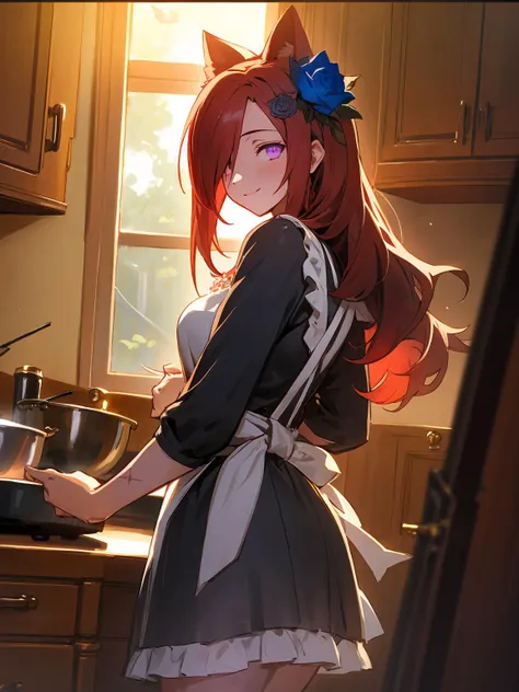 masterpiece,best quality,highres,cinematic lighting,dramatic angle,1girl,<lora:ShadowverseCeresV1-000014:0.8> ,red hair,long hair,animal ears,hair ornament,hair flower,black dress, hair over one eye,blue rose,(stitches:1.3),stitched,looking at viewer,smile,cowboy shot,purple eyes,scar,glowing eyes,extremely detailed background,indoors,cooking,apron,kitchen,turning head,looking back at viewer,depth of field,glowing,blush