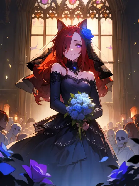 masterpiece,best quality,highres,cinematic lighting,dramatic angle,1girl,<lora:ShadowverseCeresV1-000014:0.8> ,red hair,long hair,animal ears,hair ornament,hair flower,black dress, hair over one eye,bare shoulders,(stitches:1.3),stitched,blue roses,garden,looking at viewer,smile,cowboy shot,purple eyes,scar,glowing eyes,extremely detailed background,wedding dress,veil,holding bunch of roses,church,skeleton,skull,crowd,depth of field,glowing,blush,detached sleeves