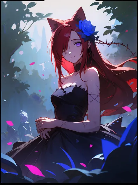 masterpiece,best quality,highres,cinematic lighting,dramatic angle,1girl,<lora:ShadowverseCeresV1-000014:0.8> ,red hair,long hair,animal ears,hair ornament,hair flower,black dress, hair over one eye,bare shoulders,(stitches:1.3),stitched,blue roses,garden,looking at viewer,smile,cowboy shot,purple eyes,scar,cat,glowing eyes,extremely detailed background