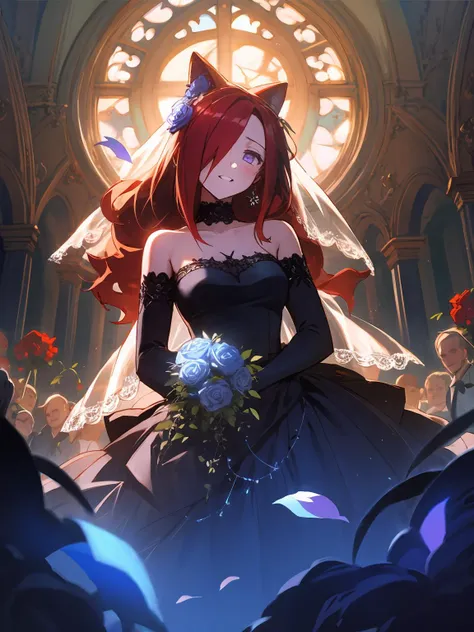 masterpiece,best quality,highres,cinematic lighting,dramatic angle,1girl,<lora:ShadowverseCeresV1-000014:0.8> ,red hair,long hair,animal ears,hair ornament,hair flower,black dress, hair over one eye,bare shoulders,(stitches:1.3),stitched,blue roses,garden,looking at viewer,smile,cowboy shot,purple eyes,scar,glowing eyes,extremely detailed background,wedding dress,veil,holding bunch of roses,church,skeleton,skull,crowd,depth of field,glowing,blush,detached sleeves