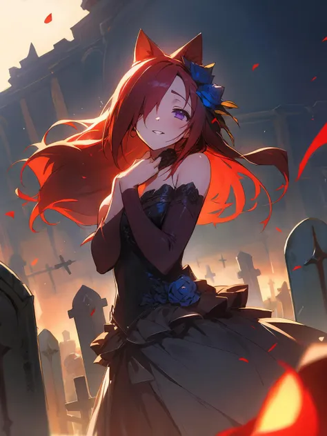 masterpiece,best quality,highres,cinematic lighting,dramatic angle,1girl,<lora:ShadowverseCeresV1-000014:0.8> ,red hair,long hair,animal ears,hair ornament,hair flower,black dress, hair over one eye,blue rose,detached sleeves,(stitches:1.3),stitched,looking at viewer,smile,cowboy shot,purple eyes,scar,extremely detailed background,graveyard,grave stones,tombstones,blood,yandere,tomb,bare shoulders,depth of field,glowing,blush,evil smile,shaded face,(depth of field:1.2),parted lips,empty eyes,hands on own cheek