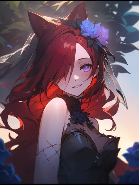 masterpiece,best quality,highres,cinematic lighting,dramatic angle,1girl,<lora:ShadowverseCeresV1-000014:0.8> ,red hair,long hair,animal ears,hair ornament,hair flower,black dress, hair over one eye,bare shoulders,(stitches:1.3),stitched,blue roses,garden,looking at viewer,smile,cowboy shot,purple eyes,scar,glowing eyes,extremely detailed background,wedding dress,veil,holding bunch of roses,church,skeleton,skull,crowd,portrait,close-up,depth of field,glowing,blush,detached sleeves