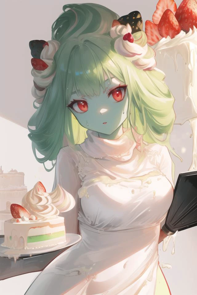 slime girl,skin made of cream,Matcha powder, (strawberry accessories),(green skin:1.3),(red eyes:1.1),(green hair:1.2),liquid hair, top with white cream, whipped cream around her, cake girl, alcremie,(kitchen:1.2),full body,(melted lower body:1.4), (large breasts, natural breasts, breast sag:0.7), sweat,melting legs, BREAK
((cinematic light)), (colorful:1.2), hyper detail, dramatic light, intricate details, (best quality:1.2), highly detailed,Anime, Moe, illustration, (wallpaper, masterpiece, ultra-detailed, best shadow), (beautiful detailed face, beautiful detailed eyes), high contrast, (best illumination, an extremely delicate and beautiful),((very aesthetic)),uploaded on e621, explicit content,(detailed background:1.4),
<lora:Alcremie-08:1>