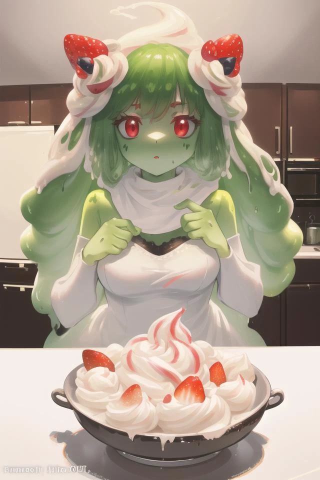 slime girl,skin made of cream,Matcha powder, (strawberry accessories),(green skin:1.3),(red eyes:1.1),(green hair:1.2),liquid hair, top with white cream, whipped cream around her, cake girl, alcremie,(kitchen:1.2),full body,(melted lower body:1.4), (large breasts, natural breasts, breast sag:0.7), sweat,melting legs, BREAK
((cinematic light)), (colorful:1.2), hyper detail, dramatic light, intricate details, (best quality:1.2), highly detailed,Anime, Moe, illustration, (wallpaper, masterpiece, ultra-detailed, best shadow), (beautiful detailed face, beautiful detailed eyes), high contrast, (best illumination, an extremely delicate and beautiful),((very aesthetic)),uploaded on e621, explicit content,(detailed background:1.4),
<lora:Alcremie-08:1>