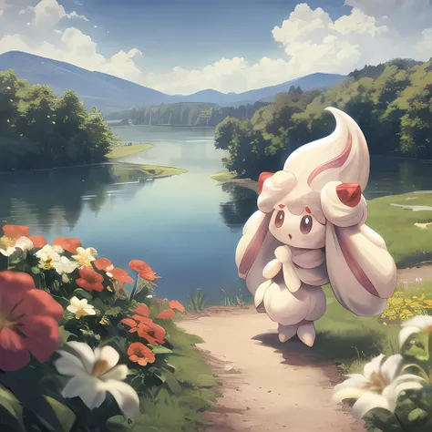 sugimori ken \(style\), pokemon \(creature\), alcremie, <lora:Alcremie-08:0.8>, (masterpiece), high quality, best quality, high-definition, ultra-detailed, outdoors, forest, flowers, lake, sky <lora:pokemon_v3_offset:0.2>