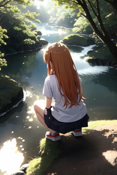 (anime, official_art:1.1), (anime screencap:1.1),flat color, intense shading, (wide shot, very wide shot, blurry foreground, blurry background, perspective:1.1), SFW, (1girl, solo focus:1.2), wet hair, head out of frame, A dense, tangled jungle with suffocating humidity, deadly predators, and hidden dangers, ([Hirasawa Yui \(K-ON!!! Series\)|Yuudachi \(Kancolle Series\)]:0.6), (dutch angle:1.0), from above, looking away, serious, Arms Behind Back, squatting, female, beauty mark, subsurface scattering:1.2, ray traced:0.5, depth of field:0.6, bokeh:0.6, god rays:1.0, vivid colors:1.4, cinematic hard lighting:0.6, realistic shadows:0.9,<lora:epiNoiseoffset_v2:0.7>,