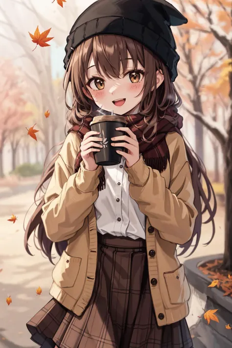 1girl, (\:d:1.0) autumn leaves, bangs, black headwear, blurry background, blush, brown eyes, brown hair, brown scarf, brown skirt, cardigan, coffee, cowboy shot, cup, disposable cup, drink, falling leaves, beanie, holding, holding drink, leaf, long hair, long sleeves, looking at viewer, open cardigan, open mouth, plaid, plaid skirt, puffy long sleeves, red sweater, scarf, shirt, shirt tucked in, sidelocks, skirt, smile, solo, sweater, white shirt, extremely detailed, intricate, masterpiece, absurdres