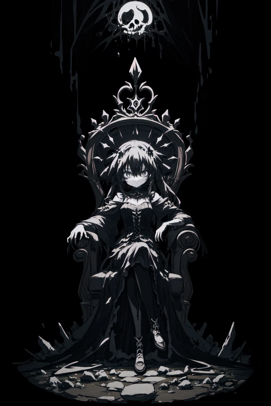 1girl, gothic, sepulchral, entropy, {neptunian|jovian}, (polychromatic:1.1), highly detailed face, (mid shot:1.1), a pile of skull, (bioluminescence:1.1) blood, (darkness:1.2), vibrant colors, (sitting on a throne made of bone:1.2), (inkblot:1.2), abstract, unique, interesting, dreamlike, superb, blood red
