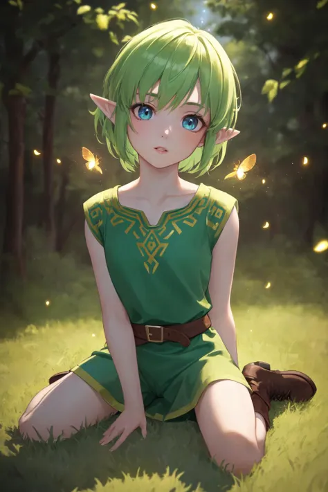 1girl, (green hair:1.1), short hair, pointy ears, wearing a green (tunic:1.2) and shorts, (illustration:1.1), highres, (extremely detailed CG unity 8k wallpaper:1.1), (midshot:1.1), (fullbody:1.25), (solo:1.2), plant, tree, (beautiful eyes:1.15), green boots, leaves swirling around the girl, wariza, leaning against tree at night, blue_eyes, (beautiful face:1.15), (((flat background))), (fireflies:1.1), parted lips, highly detailed face, ultra realistic, masterpiece, best quality, the legend of zelda, bokeh, extremely detailed, intricate