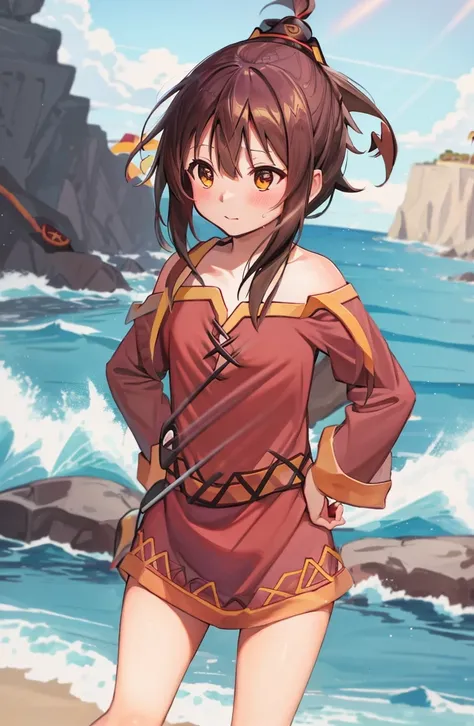 (wide shot, very wide shot, blurry foreground, blurry background, perspective:0.6), NSFW, (1girl, solo focus:1.2), lower body, Coastal cliffs, crashing waves, rocky shores, sea caves, small tide pools, salty sea air, crashing waves, ([Megumin \(Konosuba Series\)|Akiyama Mio \(K-ON!!! Series\)]:1.5), (atmospheric perspective:0.8), close up, looking away, confused, Hands On Hips, leaning, female, subsurface scattering:1.2, ray traced:1.3, depth of field:0.6, bokeh:0.9, god rays:1.4, vivid colors:1.1, cinematic hard lighting:0.6, realistic shadows:1.4,<lora:epiNoiseoffset_v2:1.0>,