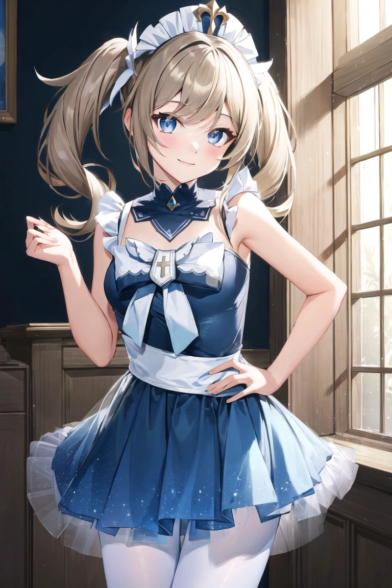 barbara \(genshin impact\), age, blonde hair, intense angle, twintails,
cowboy shot, (anime, extremely detailed CG unity 8k wallpaper, masterpiece, best quality, ultra-detailed, best shadow, volumetric lighting), (beautiful detailed face, beautiful detailed eyes), High contrast, (best illumination, an extremely delicate and beautiful),
hand on hip, smile, cute,
((tutu)), ballet dress, hair ornament, sparkle, maid headdress,
beautiful background, sparkle background, indoors, open window, warm,