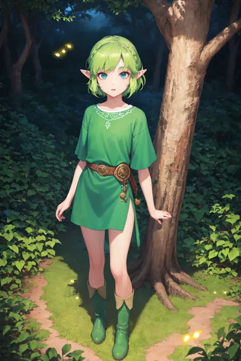 1girl, (green hair:1.1), short hair, pointy ears, wearing a green (tunic:1.2) and shorts, (illustration:1.1), highres, (extremely detailed CG unity 8k wallpaper:1.1), (midshot:1.1), (fullbody:1.25), (solo:1.2), plant, tree, (beautiful eyes:1.15), green boots, leaves swirling around the girl, wariza, leaning against tree at night, blue_eyes, (beautiful face:1.15), (((flat background))), (fireflies:1.1), parted lips, highly detailed face, ultra realistic, masterpiece, best quality, the legend of zelda, bokeh, extremely detailed, intricate