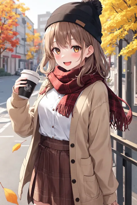 1girl, (\:d:1.0) autumn leaves, bangs, black headwear, blurry background, blush, brown eyes, brown hair, brown scarf, brown skirt, cardigan, coffee, cowboy shot, cup, disposable cup, drink, falling leaves, beanie, holding, holding drink, leaf, long hair, long sleeves, looking at viewer, open cardigan, open mouth, plaid, plaid skirt, puffy long sleeves, red sweater, scarf, shirt, shirt tucked in, sidelocks, skirt, smile, solo, sweater, white shirt, extremely detailed, intricate, masterpiece, absurdres