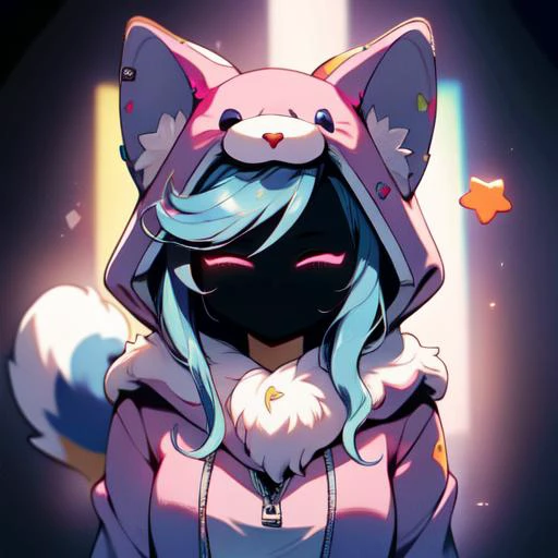 (((masterpiece))), 4k res, highly detailed, (((extremely detailed eyes))), detailed background, cinematic lighting, high quality, best quality, 4k, super detailed,focus sharp,RTX, 8K, beautiful face, 1girl, <lora:wooflamp:0.8> wooflamp, small breasts, pink eyes, blue hair,purple suit,closed eyes,hood, closed eyes, neon eyes, zipper closed, tail cat,((full mask)),Niji Pride, <lora:nijipride:1>