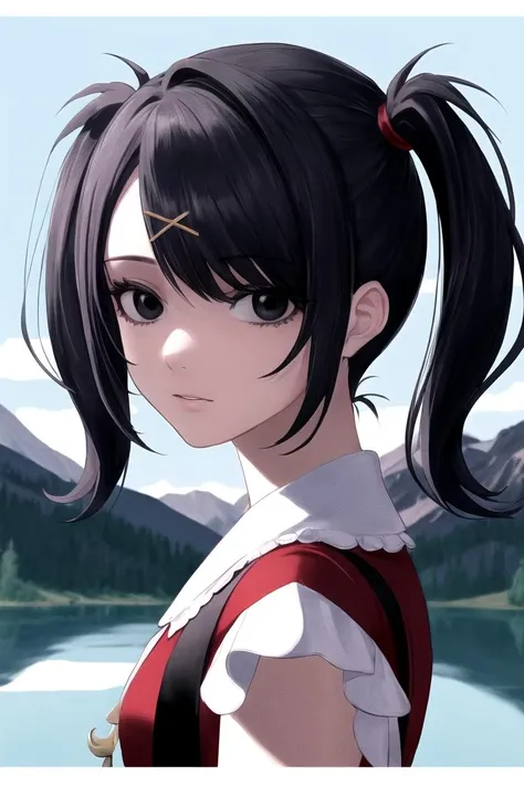 (highly detailed:1.3), 
black eyes, black hair, twintails, jirai kei, suspenders, red shirt, black skirt, x hair ornament, upper body, dynamic pose, rocky mountain background, lake, 
Ultra-detail,(highres:1.1),best quality,(masterpiece:1.3),specular lighting, (highly detailed face and eyes:0.6),  <lora:amechan:0.9>