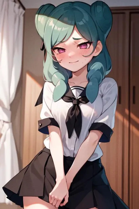 masterpiece,best quality,absurdres,1girl,beta_ie,white shirt,black skirt,(black neckerchief:1.1),(black ribbon:1.1),seductive smile,pink eyes,<lora:Beta:1>,
blush,shy,embarrass,
bedroom,close-up,