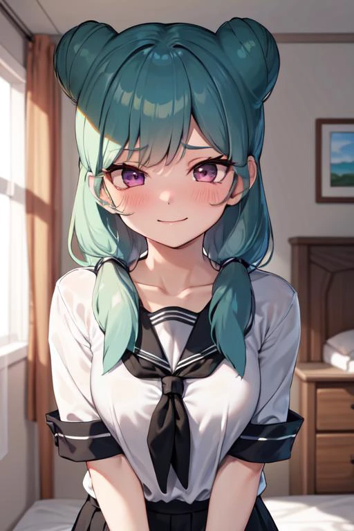 masterpiece,best quality,absurdres,1girl,beta_ie,white shirt,black skirt,(black neckerchief:1.1),(black ribbon:1.1),seductive smile,pink eyes,<lora:Beta:0.8>,
blush,shy,embarrass,
bedroom,close-up,upper body,
