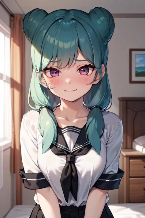 masterpiece,best quality,absurdres,1girl,beta_ie,white shirt,black skirt,(black neckerchief:1.1),(black ribbon:1.1),seductive smile,pink eyes,<lora:Beta:0.8>,
blush,shy,embarrass,
bedroom,close-up,upper body,