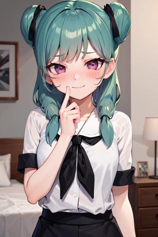 masterpiece,best quality,absurdres,1girl,beta_ie,white shirt,black skirt,(black neckerchief:1.1),(black ribbon:1.1),seductive smile,pink eyes,<lora:Beta:0.8>,
blush,shy,embarrass,
bedroom,close-up,upper body,